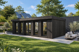 Caseta de madera modelo A totalmente aislada con revestimiento de madera Termotratada Negra Vert