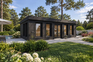 Caseta grande de madera modelo B totalmente aislada con revestimiento de madera Termotratada Negra