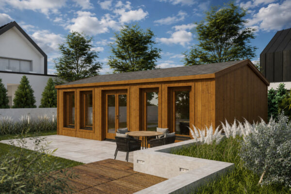 Large Fully Insulated Model D Timber Garden Room with Thermo-Treated Wood Cladding – 38 m² / 8 × 5 m