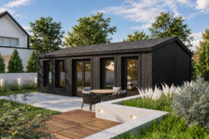Caseta grande de madera modelo D totalmente aislada con revestimiento de madera Termotratada Negra