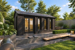 Caseta de jardín Linda totalmente aislada con revestimiento de madera Termotratada Negra