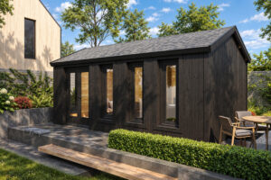 Caseta de jardín Linda totalmente aislada con revestimiento de madera Termotratada Negra VERT