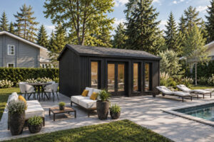 Caseta de jardín Barcelona totalmente aislada con revestimiento de madera Termotratada Negra VERT