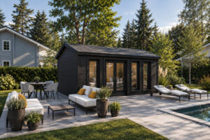 Caseta de jardín Barcelona totalmente aislada con revestimiento de madera Termotratada Negra