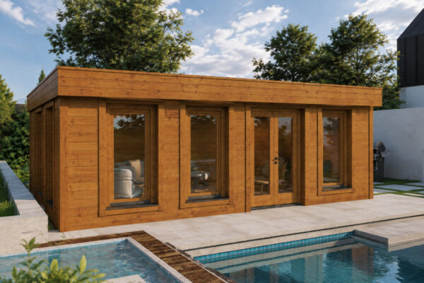 Fully Insulated Model E Wooden Garden Room with Thermowood Cladding – 26 m² / 7 × 4 m