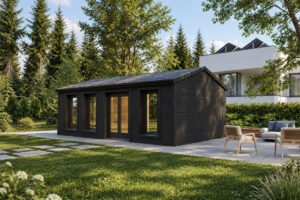Caseta de madera modelo F totalmente aislada con revestimiento de madera Termotratada Negra
