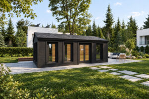 Caseta de madera modelo F totalmente aislada con revestimiento de madera Termotratada Negra