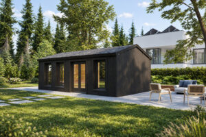 Caseta de madera modelo F totalmente aislada con revestimiento de madera Termotratada Negra