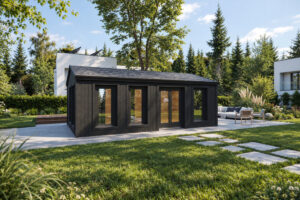 Caseta de madera modelo F totalmente aislada con revestimiento de madera Termotratada Negra