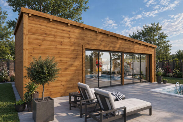 Salón de jardín Ibiza totalmente aislado con revestimiento de madera Termotratada – 33 m² / 9 × 4 m