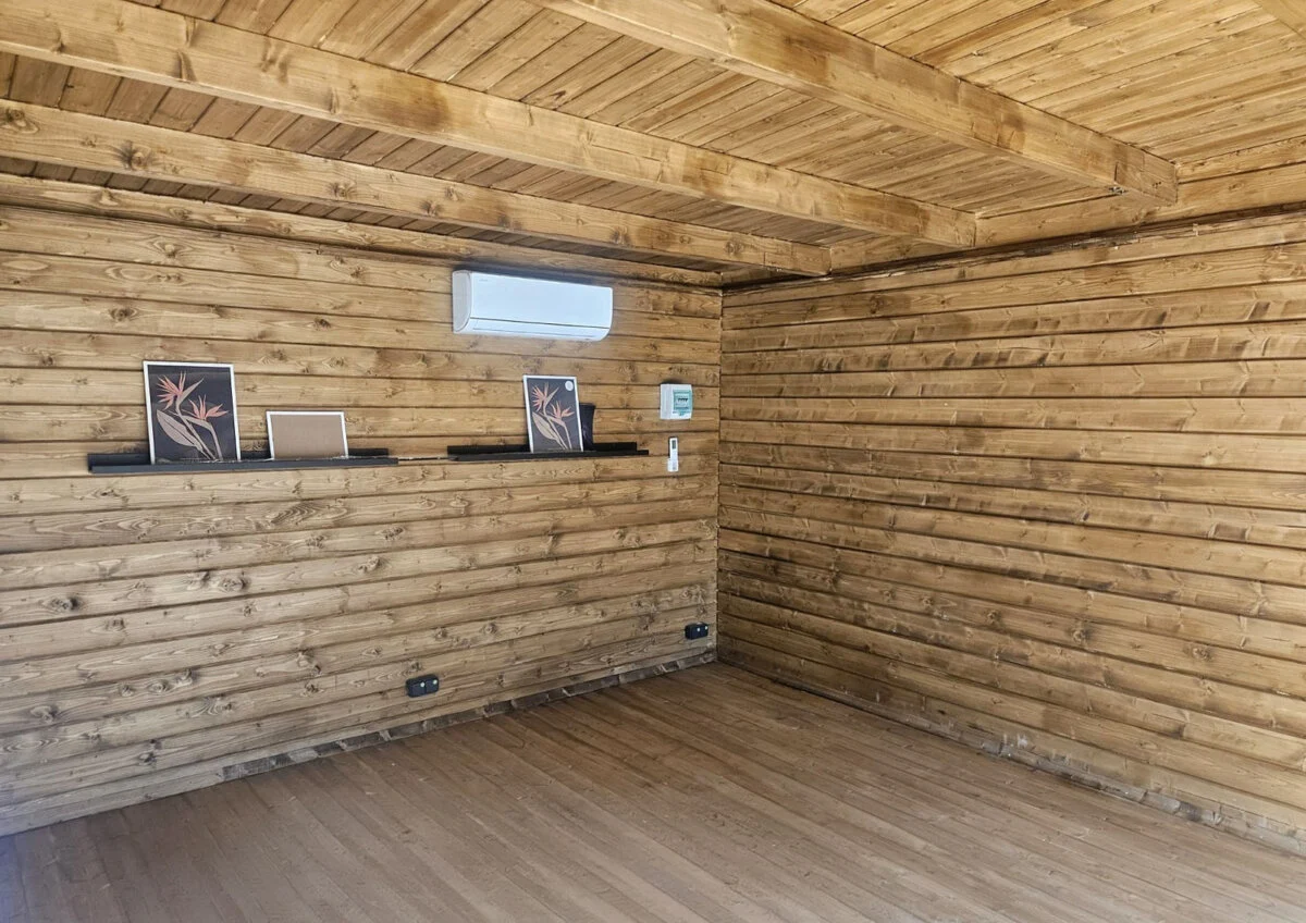 Interior of an insulated wooden garden shed